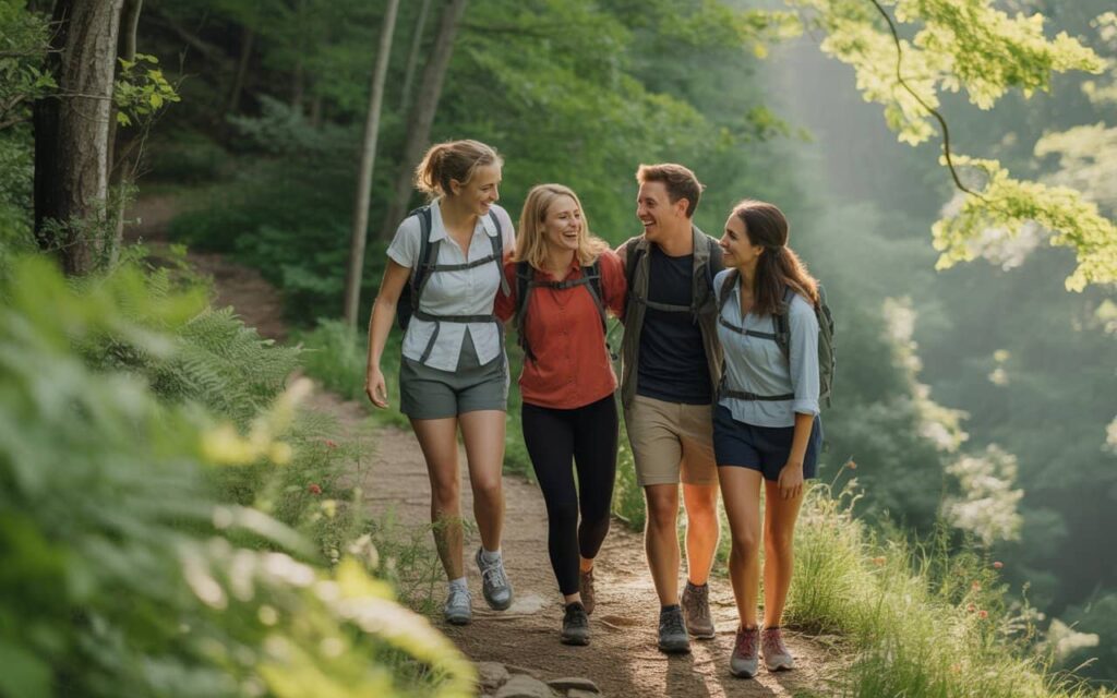 group of friends hiking on a forest trail during rehab centers in kentucky outdoor therapy session